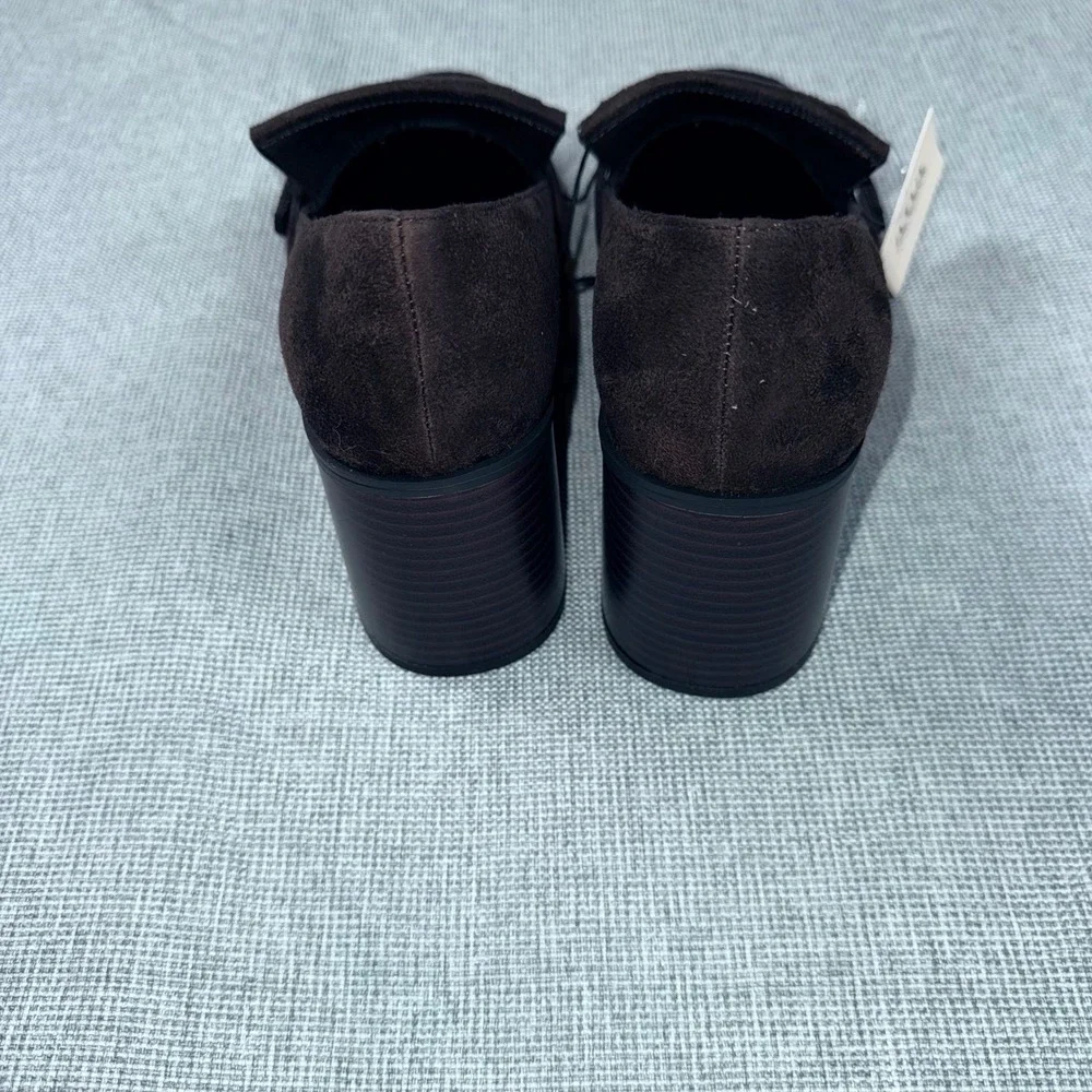 ANA Faxon Chocolate Brown Faux Suede Kiltie Fringe Block Heel Loafers Womens 10M